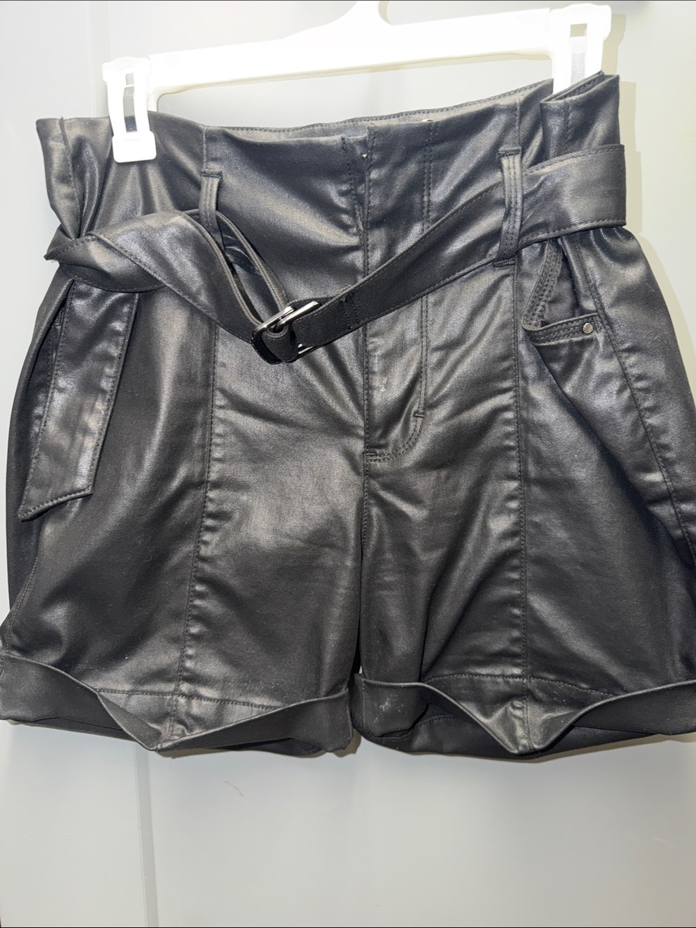 High-Waist Black Coated Paperbag Shorts with Belt